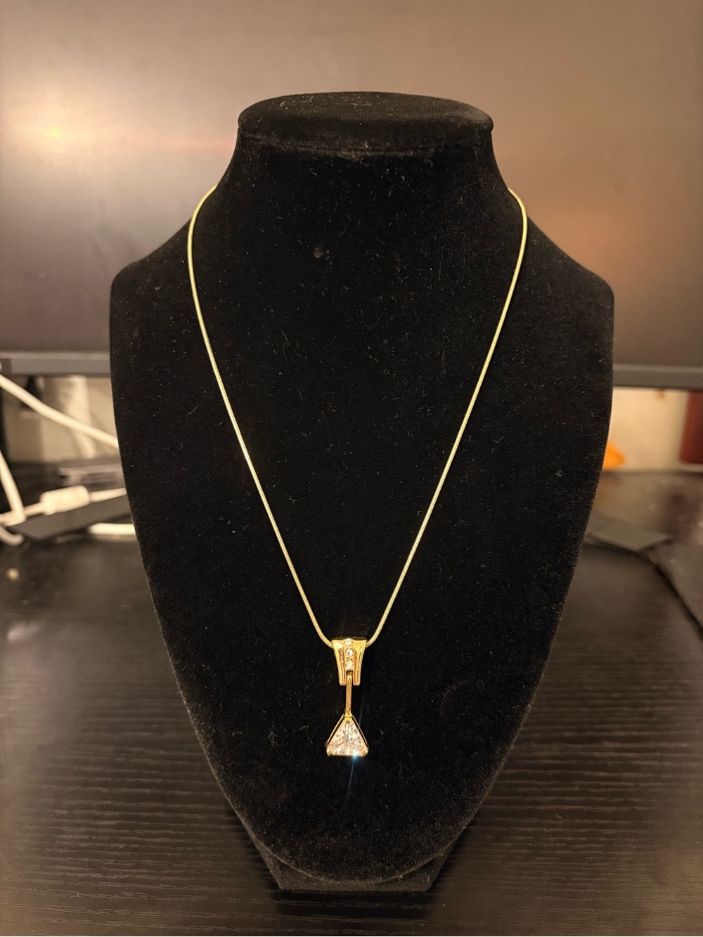 Gold Snake Chain Necklace w/ CZ Crystal Triangle Pendant